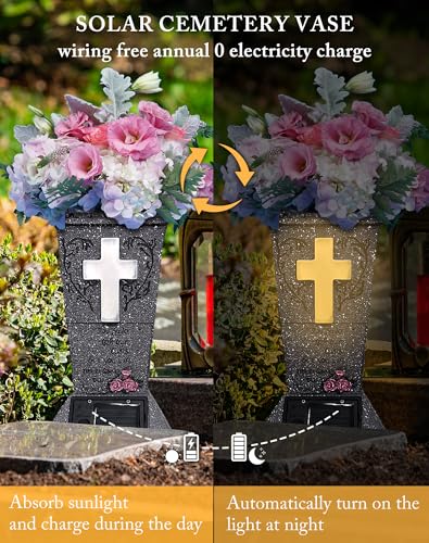 2 Pack Solar Cemetery Vase with LED Cross Lamp Flower Holder - color: Warm Light Cross 2pcs