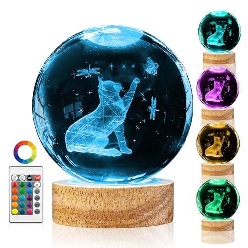 Crystal Ball Night Light Cat Lamp, 3.15 Inch Cat Figurines with 16 Color Wooden LED Base, Birthday & - color: Cute Cat