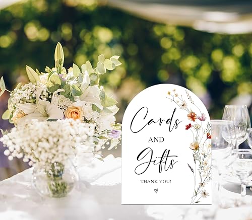 Wildflower Cards and Gifts Sign, Wedding Ceremony Signs, 6 x 8 Inch Arch Wooden Tabletop Sign with Stand, Wedding Reception Decoration Supplies (AG01) - color: White