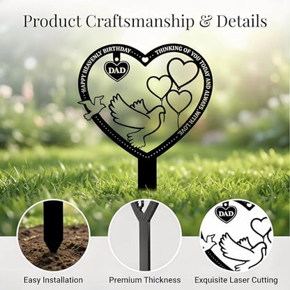 Happy Heavenly Birthday Dad Memorial Stake Waterproof Metal Heart Cemetery Decorations for Grave - style: Dad Heavenly Birthday