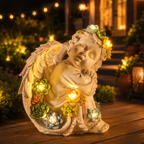 Garden Angels Outdoor Statue, Solar Cherub Baby Angel with Succulent | 8'' Resin Sleeping Angel Statue with Warm Glow, Angel Figurines Gardening Gifts for Mother Grandma Yard Patio Lawn Decoration - style: Sleeping Cherub