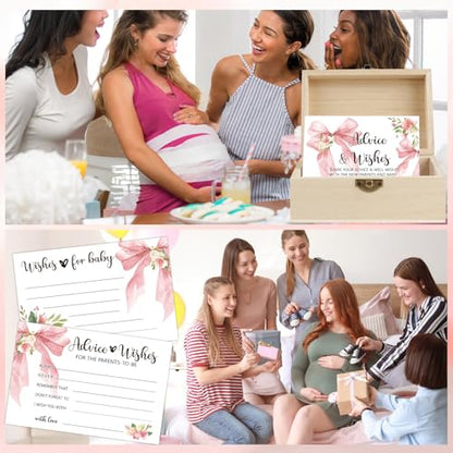 50 PCS Pink Bow Baby Shower Advice Cards For Parents To Be, Advice and Wishes Cards with Box for Baby Shower Games Advice for New Parents Baby Showers - color: Pink Bow