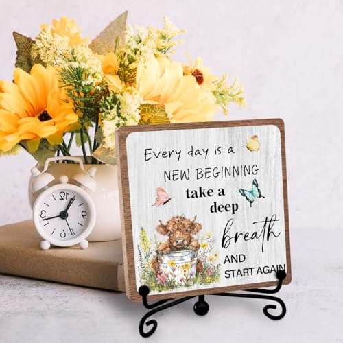 Highland Cow Inspirational Decor, Positive Plaque for Office Home | Encouragement Gifts for Women Men Coworkers Friends, Affirmation Quotes Gift, New Beginning Wooden Sign with Iron Stand - style: Highland 02