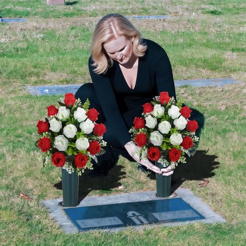 Artificial Cemetery Flowers with Vase, Artificial Headstone Memorial Flowers Rose Bouquet for Graveyard Grave Cemetery Decoration, Set of 2 (Red&White)