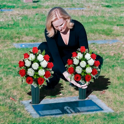 Artificial Cemetery Flowers with Vase, Artificial Headstone Memorial Flowers Rose Bouquet for Graveyard Grave Cemetery Decoration, Set of 2 (Red&White)
