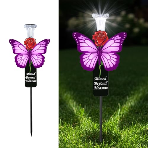 Solar Purple Butterfly Memorial Stake - Missed Beyond Measure Engraved Metal Grave Decorations, Sympathy Gifts for Loss of Sister Daughter Mom (Butterfly) - style: Butterfly