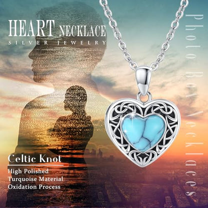 Locket Necklace for Women 925 Sterling Silver Celtic Locket Pendant Necklace Moonstone/Turquoise/Black Agate Heart Shaped Locket Necklace Jewelry Gifts for Women - style: Turquoise