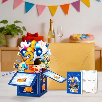 GREETING ART Happy 2nd Birthday Pop Up Card,Funny Guitar Ballons Box Themed - color: 2nd