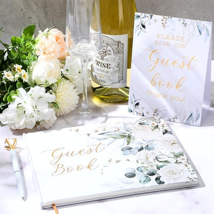 Wedding Guest Book with Pen and Table Sign, 7x9 Inch Photo Guestbook with 88 Lined Pages, Personalized Guestbook Photo Album Sign in Book for Reception Bridal Shower Wedding Birthday Party(Greenery) - style: Greenery