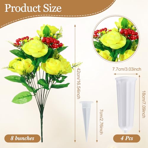 Tigeen 4 Sets Artificial Cemetery Flowers with Vase for Grave,White, Yellow - color: White, Yellow