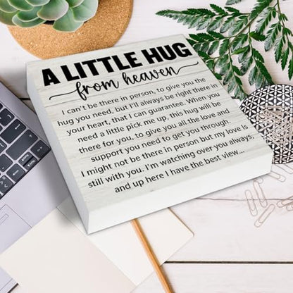 Sympathy Gifts Memorial Gifts for Loss of Mom Dad, Grieving Gift a Little Hug from Heaven Wood Sign Decoration for Home Living Room Bedroom Desk Shelf Table 5 X 5 Inch
