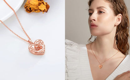 SOULMEET Sunflower/Rose/Daisy Heart Locket Necklace That Holds Pictures Keep Someone Near to You Sterling Silver/Gold Personalized Photo Locket Gift - style: A3-Rose gold rose locket+photo+text