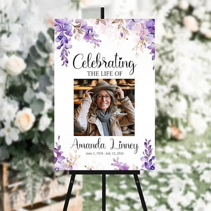Personalized Funeral Welcome Sign - Funeral Welcome Sign For Women - Purple Celebration of Life Sign - In Loving Memory Sign - Purple Flower Funeral Sign Personalized - Custom Poster, Celebration Of Life Decor - Picture Boards For Funeral