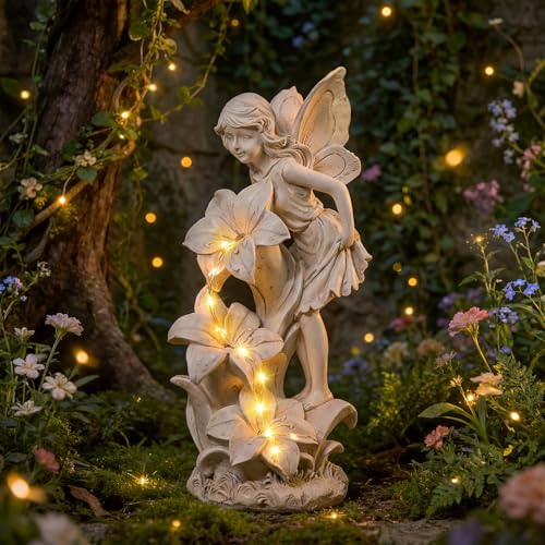 Angel Garden Statue, Resin Fairy Figurine with Glowing Flower Outdoor Decor - style: Flower