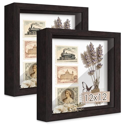 12x12 Brown Wooden Shadow Box Frame, Tempered Glass, 2 Pack | Black Backboard, Tabletop & Vertical/Horizontal Wall Display, Memorabilia Display, Wedding/Baby Keepsakes & Crafts - color: Brown, size: 12x12-2P