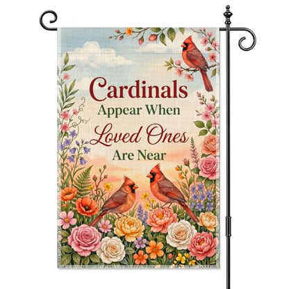 Cardinals Appear When Loved Ones Are Near Garden Flag 12x18 Inch Double Sided, Memorial Sympathy Outdoor Yard Flag, Cardinal Floral Porch Lawn Decor, Remembrance Gifts for Family Friends
