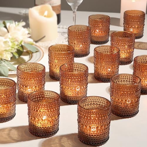 24 Pack Votive Candle Holders, Amber Vintage Tea Light Candle for Christmas | 2x2.5 Inch Thickened Glass Candle Holders, Elegant DIY Wax Filling Reusable Durable Vintage Votives for Wedding Table Decor - color: Amber