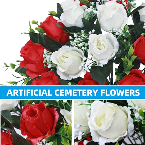 Set of 2 Artificial Cemetery Flowers with Vase,Grave Memorial Day Flowers for Cemetery Headstones Gravesites (Red,White) - color: Red & White