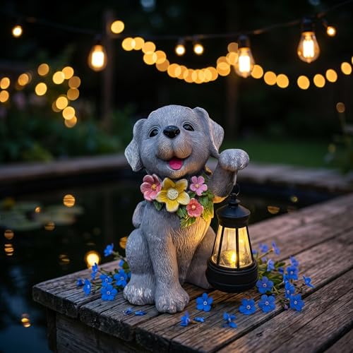 Dog Solar Light, Solar Dogs Statues Outdoor with Lantern - color: Gray With Lantern