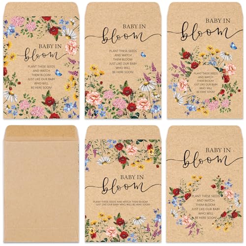 JarThenaAMCS 50Pcs Spring Wildflower Baby Shower Seed Packets 5 Designs Self Adhesive Kraft Envelopes Vintage Floral Butterfly Baby in Bloom Seed Storage Pockets for Gender Reveal Birthday