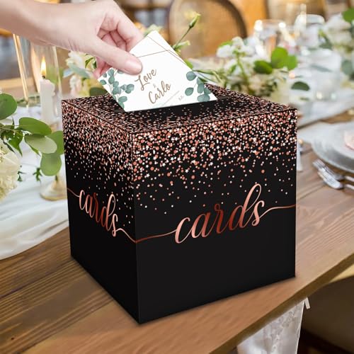 Black and Rose Gold Card Box for Party, 8.7", 1 Pack | Gift Card Box Money Box, for Birthday, Wedding, Baby Shower, Retirement, Anniversary, Bridal Shower, Raffle Ticket - color: Black and Rose Gold Card Box