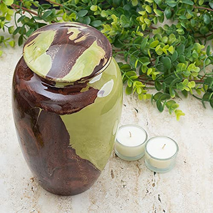 BOLD & DIVINE Beautiful Hand-Painted Adult Cremation Urn | 200 Cubic Inches | Urn Vase with Velvet Pouch - color: Green and Brown