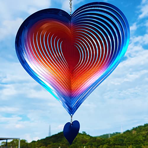 DJUAN 12in Heart Wind Spinner Outdoor Garden Decor Gifts for Mom Wife Women | Stainless Steel BlueOrange Heart 3D Kinetic Hanging Sculpture,Metal Yard Art Decorations,Mothers Day, Christmas,Teacher Gifts - color: Blue-orange Heart