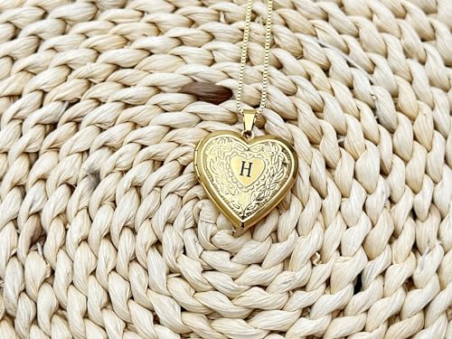 GOKING Love Heart Memory Locket Necklace Holds Pictures for Women - color: Letter H