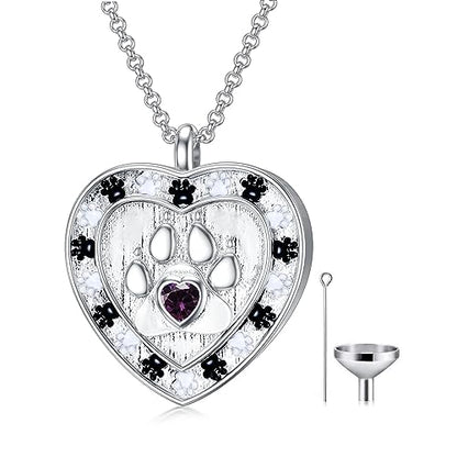 SOULMEET Memorial Pet Necklace for Ashes, Silver/White Gold Paw Print Urn Necklaces with Birthstone for Ashes Keepsake Cremation Jewelry for Pet Cats Dogs - style: B1-Locket Only-February