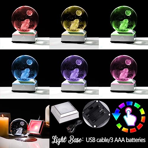 3.15'' Crystal Ball Engraved 3D Rabbit and Moon Stars, Colorful LED Base - color: Rabbit