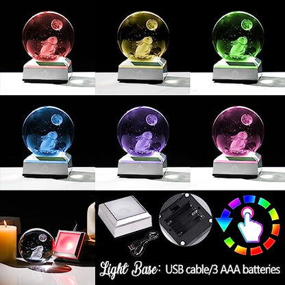 3.15'' Crystal Ball Engraved 3D Rabbit and Moon Stars, Colorful LED Base - color: Rabbit