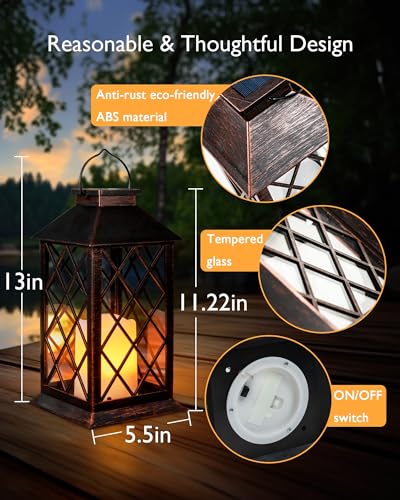Homemory 2 Pack 13'' Bronze Solar Lanterns, Flickering Flame Hanging Lights - color: Copper