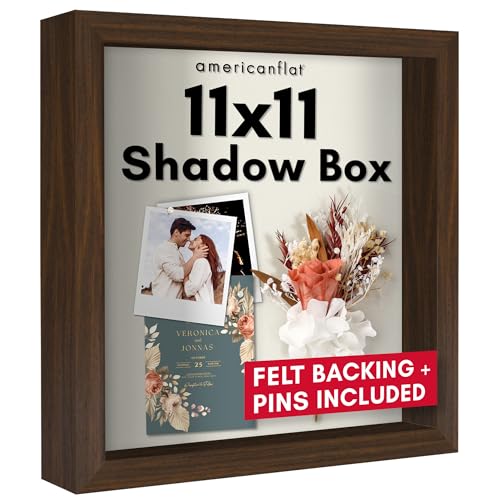 Americanflat 11x11 Shadow Box Frame with Shatter-Resistant Glass - Silhouette Collection - Large Shadow Box Display Case for Tabletop and Wall Display - Walnut with Soft Felt Back | Shatter-resistant glass, 1.5 inch interior depth, displays keepsakes, med