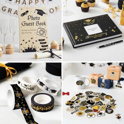 8 pcs Graduation Guest Book Photo Sign Decorations in Book 80 Pages | with Pen Stickers Washi Tape Wooden Stand Signature Scrapbook for College Gifts