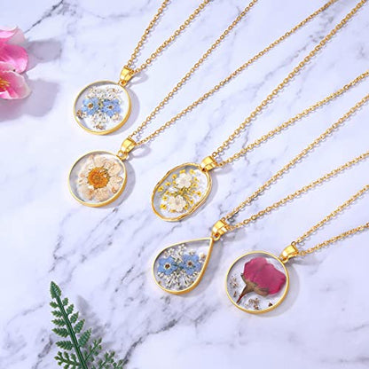AUNTESIGN Forget-Me-Not and Queen Anne's Lace Pressed Wildflower Necklace | Birth Month Flowers Necklace | Gold/Silver Pressed Flower Jewelry | Mother's Day | Gift For Her - color: Daffodils and Queen Anne's Lace Neckalce(March birth flower)