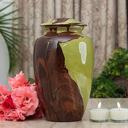 BOLD & DIVINE Beautiful Hand-Painted Adult Cremation Urn | 200 Cubic Inches | Urn Vase with Velvet Pouch - color: Green and Brown
