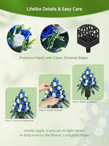 Mirevielyn 2-Pack 24 Stems Artificial Rose Cemetery Flowers with Vases - color: Royal Blue & White