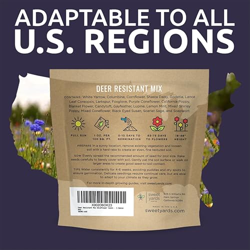 Deer Resistant Wildflower Seed Mixture - Bulk 1 Ounce Packet - Over 15,000 Deer Tolerant Seeds - Open Pollinated and Non GMO - size: 1 Ounce Pouch