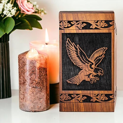 Urns for Human Ashes Adult Man - Funeral Urns, Wooden Urn, Burial Urns, Cremation Urns, Urn for Human Ashes Adult Female, Decorative Urn (Black, Extra Large, Single Eagle) - size: Extra Large