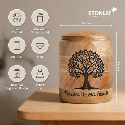 Medium Wooden Cremation Urn for Human Ashes – 80 Cubic Inch Tree of Life Engraved Memorial Urn, Natural Wood, Partial Ashes or Shared Remains - size: Medium 80 Cu In