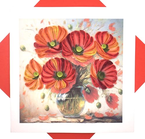 GREENHANDSHAKE Poppies Bouquet in Vase, quilling art greeting card for birthday, valentine's day, mother's day, anniversary, thank you, get well, 6" x 6" - style: Poppies Bouquet in Vase