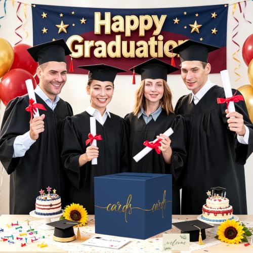 Navy Blue Wedding Card Box with Gold Foil Design, Paperboard 8.7" Card Box for Graduation Birthday Party Reception Retirement Anniversary Bridal & Baby Shower - color: Navy Blue Card Box with Gold Foil, size: 8.7×8.7×8.7Inch(1 Pack)