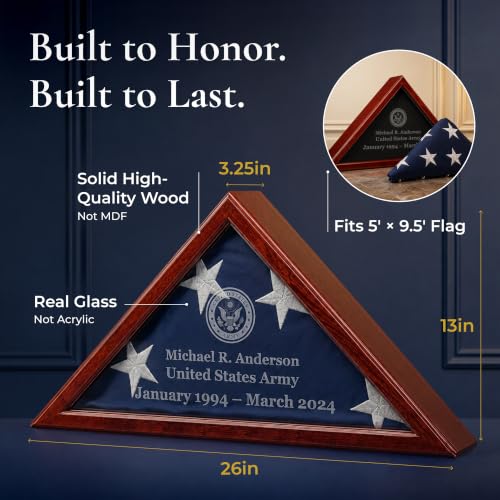 Personalized Flag Display Case for 5' x 9.5' Flag – All Military Branches Available, Veteran Memorial Display Case with Glass Front - size: Mahogany