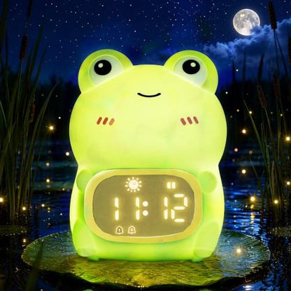 Frog Night Light with Alarm Clock，Frog Gifts with Rechargeable Silicone Lamp Cute Animal Tabletop Lamp, OK to Wake Clock with 9 RGB Color Light, 6 Soothing Sounds, Dual Alarm, for Boys & Girls - style: Frog
