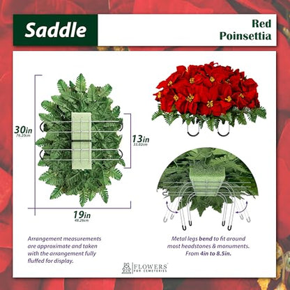 Artificial Cemetery Flowers - Gravesite Memorial Arrangment - Red Poinsettia (1) Saddle (2) Bouquets (2) Vases - color: Red, size: (1) Saddle (2) Bouquets (2) Vases