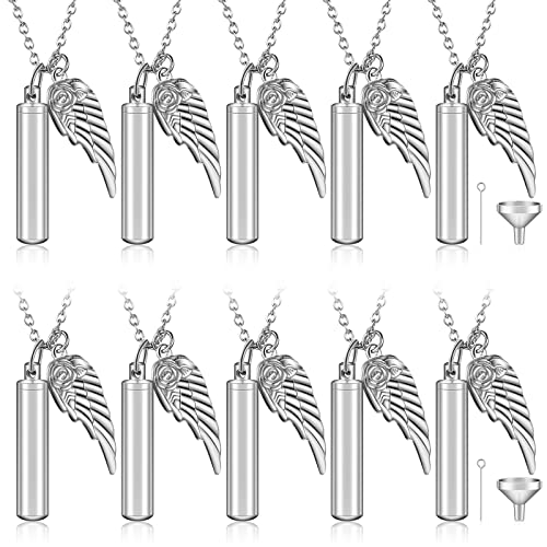 10 Pieces Urn Necklace for Ashes Cylinder Cremation Jewelry with Angel Wing Charm Memorial Pendant Keepsake for Women Men Vial Cremation Ash Pendant(0.31 x 1.54 Inch,Silver) - color: Silver, size: 0.31 x 1.54 Inch