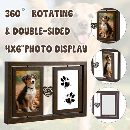 Dog Picture Frame 4x6, Paw Print Kit for Dogs, Dog Memorial Gifts for Loss of Dog Passing Away Sympathy Gifts | Rotating Wooden Double Sided Display Pet Paw & Nose Print DIY Kit - color: Brown