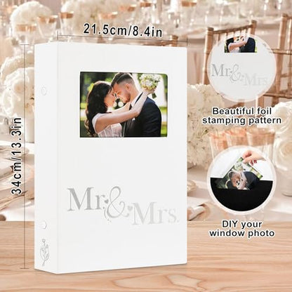 Lanpn Wedding Photo Album 4x6 300 Pocket Photos Slip in, Linen Cover Large Capacity Newlywed Marriage Window Album Hold 300 Horizontal Photos (Mr & Mrs, White) - color: White, size: 300 Photos