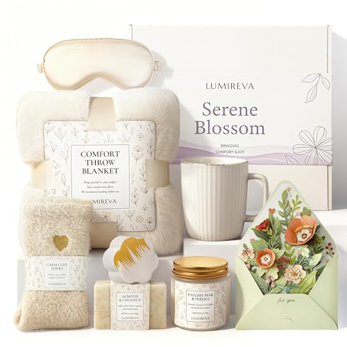 Lumireva Luxury Self Care Gift Basket for Women - Pampering Hug in a Box with Plush Blanket & Aromatherapy Candle, Elegant Birthday, Thank You & Anniversary Spa Set for Mom, Wife