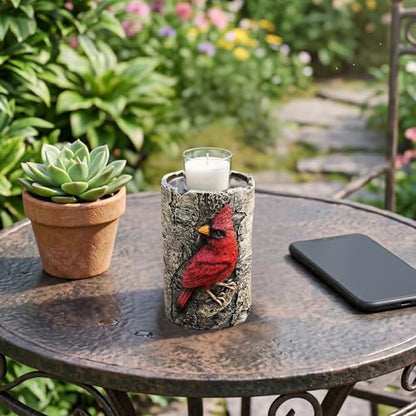 Cardinal Tealight Candle Holder, Faux Birch Resin Wood Decor, Rustic Votive Altar Centerpiece, Outdoor Garden or House Accent, Unique Bird Lover Unique Gifts for Women, Grandma & Mother in Law